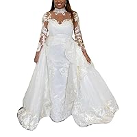 Illusion Lace up Corset Bridal Gowns Detachable Train Paillette Mermaid Wedding Dresses for Bride Long Sleeve