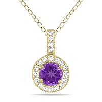 SZUL 1/2 Carat TW Halo Genuine Gemstone And Natutal Diamond Pendant Available in Amethyst, Emerald, Ruby + More in 10K Yellow Gold