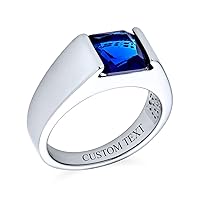 Traditional Unisex Personalize 3CT Simulated Blue Sapphire AAA CZ Square Princess Cut Solitaire Men's Engagement Ring Pinky Ring Silver Plated For Men Customizable
