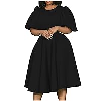 Plus Size Dress for Women Bubble Sleeve Tapered Waist a Line Dress Flowy Swing Dress Formal Cocktail Prom Party Dress