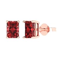2.0 ct Emerald Cut Solitaire Natural Red Garnet Pair of Stud Everyday Earrings Solid 18K Pink Rose Gold Butterfly Push Back