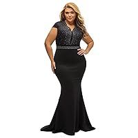 LALAGEN Women's Short Sleeve Rhinestone Plus Size Long Cocktail Evening Dress Black XL