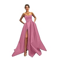 MllesReve Womens Long Strapless Satin Prom Dress Sleeveless Slit Evening Ball Gown with Pockets