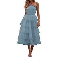 Women’s A Line Halter Neck Sleeveless Prom Dress, Tea Length Ruffles Tulle Formal Evening Party Gown