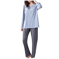 Women's Comfy Solid Pajama Sets Built in Bra Long-Sleeve Tops & High Waist Full-Length Pants Outfits 2-Piece Pjs Set