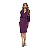 DKNY Womens Purple Ribbed Unlined Tie Belt Pullover Long Sleeve V Neck Knee Length Wear to Work Sweater Dress S