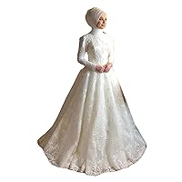 Muslim Arabic Sequins Applique Wedding Dresses for Bride with Train High Neck Long Sleeve Lace Bridal Gown