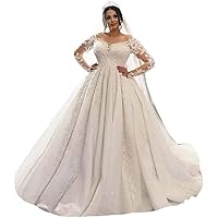 Women's Off Shoulder Beaded Illusion Bridal Ball Gowns Train Lace Wedding Dresses for Bride Long Sleeve