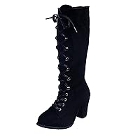 Women Fashion Casual Vintage Retro Mid-Calf Boots Lace Up Thick Heels Shoes