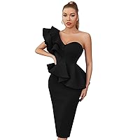 Dresses for Women 2023 One Shoulder Exaggerated Ruffle Split Back Bandage Bodycon Cocktail Dress