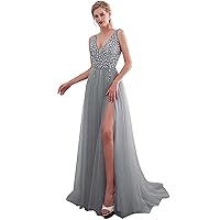 Women Summer Beading Evening Dress V-Neck High Split Tulle Sweep Train Sleeveless Prom Gown A-line Lace Up Backless Dress