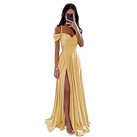 Women's Satin Prom Dresses Off Shoulder Long Bridesmaid Dress A Line Pleated High Slit Formal Wedding Party Gowns