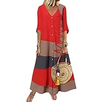 Summer Women' V-Neck - Dress Patchwork Print Button-Down Shirt Casual Beach Long Skirt