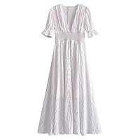 Long Dress Women Summer Elastic Waist V Neck Puff Sleeve Split Hem White Vestidos Beach Dresses