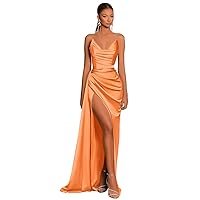 Maxianever Orange Pleated Satin Prom Dresses Long with Sexy Slit Strapless Mermaid V Neck Formal Wedding Guest Gowns for Women US10