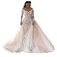 Beach Off Shoulder Lace Bridal Ball Gowns Detachable Train Sequins Mermaid Wedding Dresses for Bride 2023