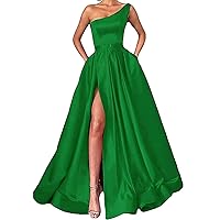Satin Prom Dresses with Slit One Shoulder Elegant Formal Evening Party Dresses with Pockets A-Line Long Ball Gowns