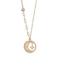 CHOW SANG SANG Delicate Gold 18K Rose Solid Gold Crescent Moon with Star Necklace for Women 94367N | 18.5 Inches, (47 CM)