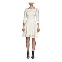 Jessica Howard Womens Stretch Sheer Ribbed 3/4 Sleeve Round Neck Above The Knee Wear to Work Fit + Flare Dress