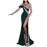 Tsbridal Women Sparkly Sequin Prom Dress Strapless Mermaid Long Slit Satin Formal Evening Dress with Button