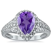 Pear Shaped Amethyst and Diamond Engraved Ring in 10K White Gold