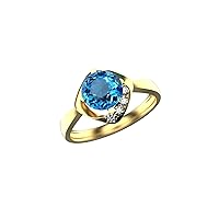 1 Ctw Round Natural Blue Topaz And Diamond Ring In 14k Solid Gold For Girls And Women 5.5 MM Topaz And 1.5 MM Diamond
