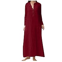 Women Kaftan Cotton Dress Stand Collar Ankle Long Sleeve Plain Casual Oversized Shirt Maxi Plus Size