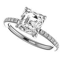 14K Solid White Gold Handmade Moissanite Ring 2 CT Asscher Cut Engagement Rings for Women, Wedding Bridal Set Solitaire Eternity Vintage Antique Anniversary Promise Purpose Gift for Her