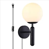 KCO Lighting Plug in Wall Sconce Light Black Vintage Industrial Wall Light White Glass Shade Bedside Wall Lamp for Bedroom Stairs Hallway(Black Plug in)