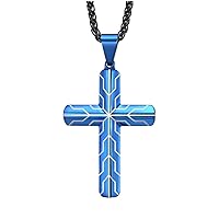 Polished Blue Cross Pendant Silver Tire Tread Pattern Stainless Steel Necklace for Men Women, 24 inch Chain