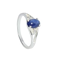 GEMHUB Oval Cut 3.5 Ct Solitaire with Accents Style Split Shank Real Blue Star Sapphire 925 Sterling Silver Engagement Ring