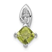 925 Sterling Silver Polished Prong set Open back Rhodium Plated Diamond and Peridot Square Pendant Necklace Jewelry for Women