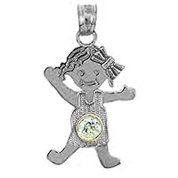 WHITE GOLD BABY CHARM PENDANT - CZ CRYSTAL GIRL BIRTHSTONE CHARM - Gold Purity:: 10K