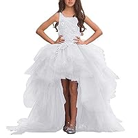 VeraQueen Wedding Girl's High Neck Tulle Flower Girl Dress Lace Appliques First Communion Dress with Train