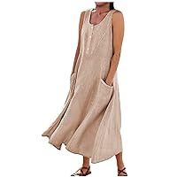 2024 Women's Casual Loose-Fit Cotton and Linen Plaid Tank Maxi Beach Dress with Pockets