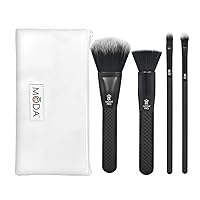 MODA Pro Complete 5pc Makeup Brush Set with Pouch, Includes, Flat Powder, Blender, Concealer, and Shader, Black