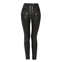 Women's High Waist Faux Leather Leggings Drawstring Elastic Shaping Hip Push Up Pants Sexy Stretchy PU Trousers