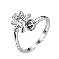 Aurora Tears 12 Zodiac Adjustable Rings 925 Sterling Sliver Mystic Rainbow Topaz Constellation Open Ring Horoscope with Cubic Zirconia Jewellery Gift for Women and Girls DR0087