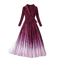 Gradient Color Pleated Patchwork Lace Midi Dress Women Spring Autumn Long Sleeve Party Dresses Elegant Vintage