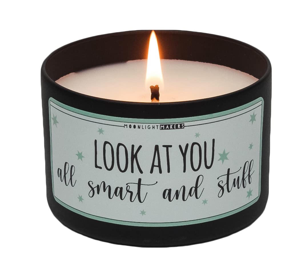 Moonlight Makers Look At You All Smart And Stuff Candle, Frosted Juniper Scented Handmade Candle, Natural Soy Wax Candle, 25+ Hour Burn Time, 8oz Tin