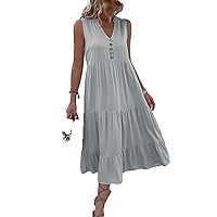 & Casual Summer Midi Dress Women Sleeveless Tank Neck Buttons Ruffle Loose Dresses Beach Sundress