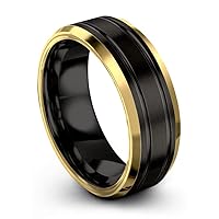 Tungsten Wedding Band Ring 8mm for Men Women Bevel Edge Black 18K Yellow Gold Double Line Brushed Polished