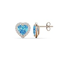 Heart Blue Topaz and Round Natural Diamond 3.44 ctw Women Heart Halo Stud Earrings 14K Gold