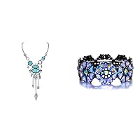 Flyonce Rhinestone Flower Stretch Bracelet and Blue Turquoise Long Necklace Jewelry Set