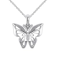 Pretty Jewels 925 Sterling Silver Flying Butterfly Pendant Necklace Gift for Women W/ 0.02 Ct Natural Diamond (I1-I2/G-H)