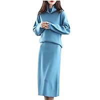 Women 100% Wool Cashmere Sweater High-Neck Top Knit High-Waist Long Skirt Two-Piece Suit Bag Hip Thick Dress