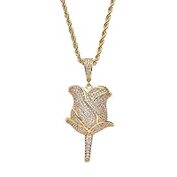 Hip Hop Iced Out Bling Flower Rose Zircon Pendant with 24 Inch Rope Chain Necklace Jewelry for Men Women