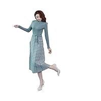 Women's Dress Autumn Winter Vintage Print Knitted Sweater Pleated Dress Women Elegant Belted Plaid A-Line Dresses Casual Midi Vestidos Mujer Light Blue