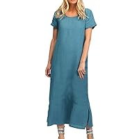 Cotton Linen Maxi Dresses for Women 2024 Summer Casual Long Dress Round Neck Short Sleeve T-Shirt Dress Side Slit Beach Dress