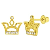Gold Plated Clear Cubic Zirconia Princess Crown Safety Screw Back Earrings for Toddlers and Young Girls - Stunning Royal Princess Crown Jewelry Gift for your Little Princess